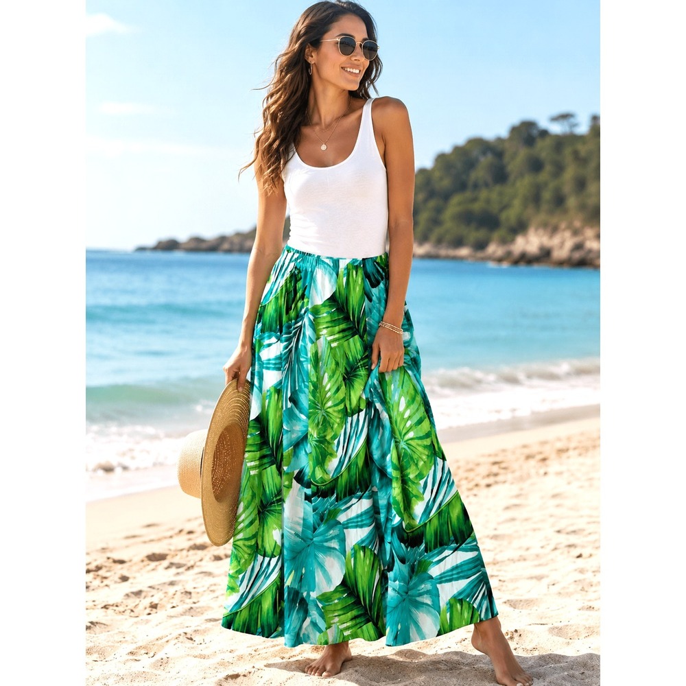 SUSAN GRAVER  Plus Size 1X-P Liquid Knit Maxi Skirt Tropical  Print Coastal Chic